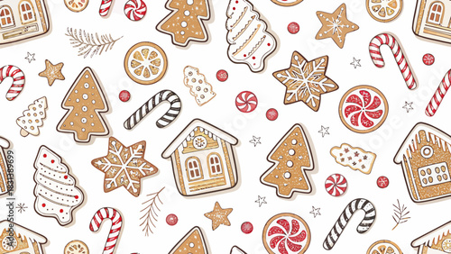 Festive Gingerbread Cookies and Candy Seamless Pattern