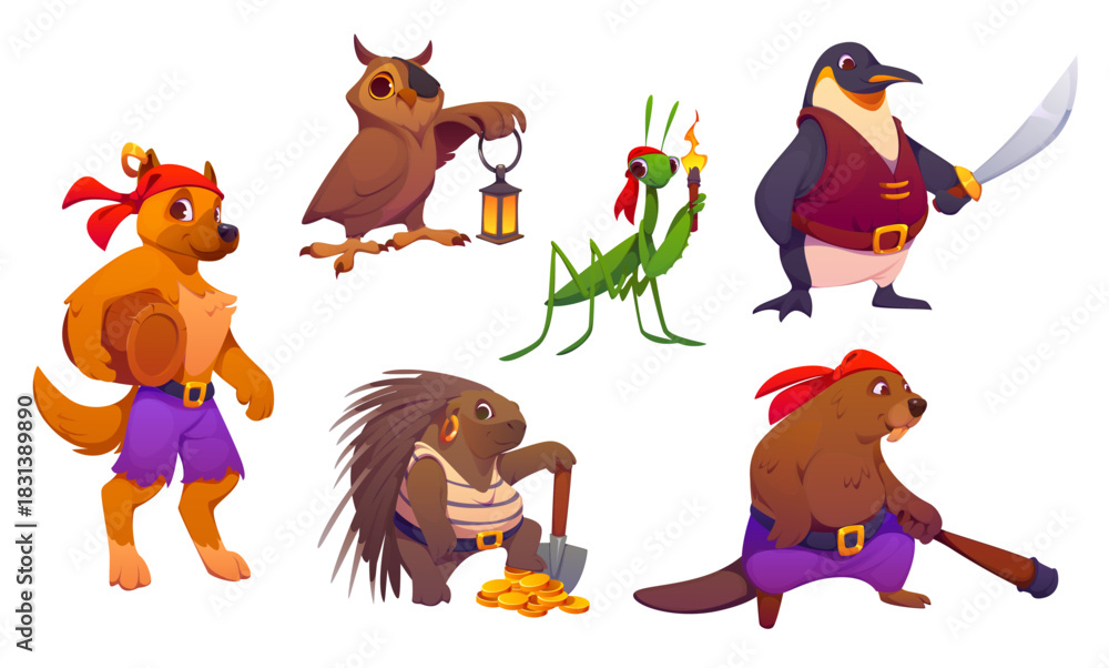 Naklejka premium Cartoon animal pirate and corsair characters. Vector dog, owl, penguin, beaver, porcupine, and mantis, each holding swashbuckler accessories like lanterns, weapons, saber, torch, barrel or treasure