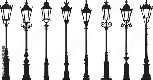 Vintage Street Lamp Post Vector Silhouette Set