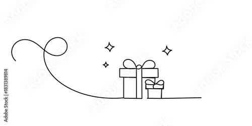 Gift boxes line icon. Continuous one line with curl. Present or Sale sign. Birthday Shopping symbol. Package in Gift Wrap. Holiday presents single outline ribbon. Loop curve pattern
