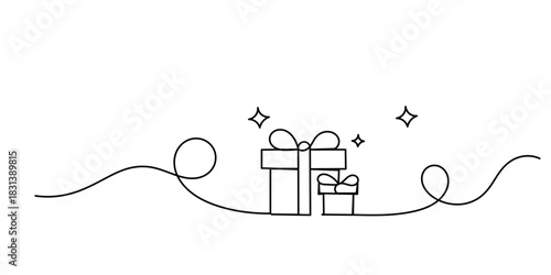 Gift boxes line icon. Continuous one line with curl. Present or Sale sign. Birthday Shopping symbol. Package in Gift Wrap. Holiday presents single outline ribbon. Loop curve pattern
