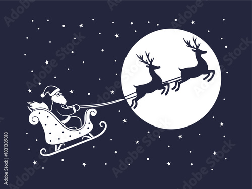 Santa Claus Sleigh Flying Across Moonlit Winter Sky