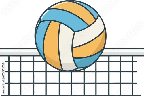 Colorful vector illustration of a volleyball (blue/orange panels) hovering over the net. Stylized graphic for team logos, beach sports, league promotion, or athletic training apps and gear design.