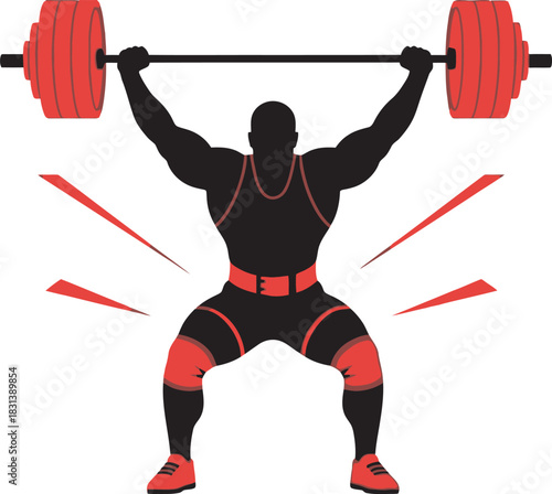 Dynamic vector silhouette of a weightlifter in a squat, holding the barbell overhead with red plates. Ideal graphic for competitive lifting, gym training, strength apps, and athletic event promotion.
