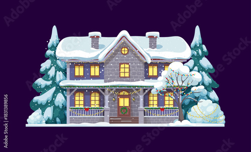 Christmas snowy house, winter cabin building. Cartoon vector snowy village cottage with glowing windows, garland, wreath and porch. Tall spruce trees, falling snow and night cozy holiday outdoor scene