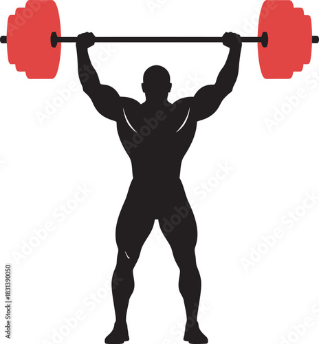 Powerful vector silhouette of a muscular weightlifter performing an overhead press or snatch with red plates. Ideal graphic for gyms, fitness branding, strength training apps, and athletic apparel.