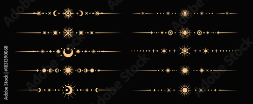 Celestial divider borders or underlines. Mystic vector dividers, linear fantasy elegant separator lines. Esoteric Boho frame borders or golden celestial underline spacers set with crescents and stars