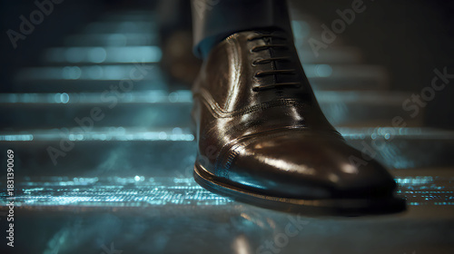 Close up of businessman leather shoes walking up stairs