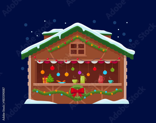 Christmas market wooden shop or stall with warm drinks, garlands and colorful hanging balls. Winter festive booth with gifts, food and cozy holiday lights. Cartoon fair stand for seasonal celebration