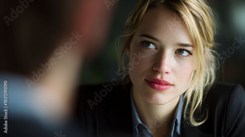 Confident blonde businesswoman listening in a meeting