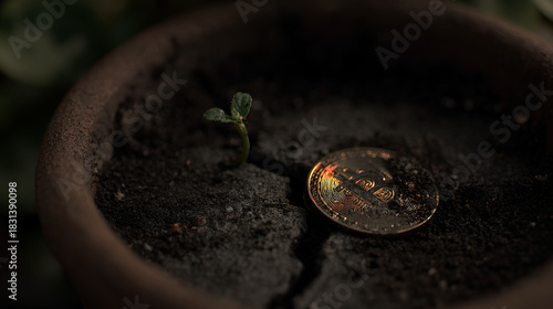 Small plant sprout growing through a gold coin in soil