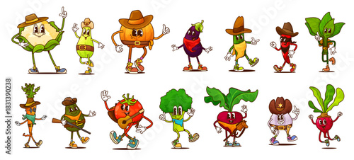 Cartoon groovy cowboy and bandit vegetable characters of retro hippie carrot, tomato, pepper and avocado food vector personages. Funky groovy Wild West broccoli, eggplant and radish cowboy characters