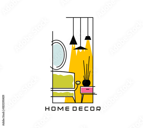 House interior home furniture and decor icon or emblem. House interior design atelier vector sign, home room furniture brand icon. Office or hotel decor symbol with sofa, hanging lamps and mirror