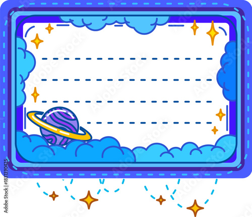 Sky and space stars kids memo note template. Space galaxy scrapbook frame, cosmos child diary vector memo note. Blue sky kid to do list sticker or label with Saturn planet, blue clouds and stars