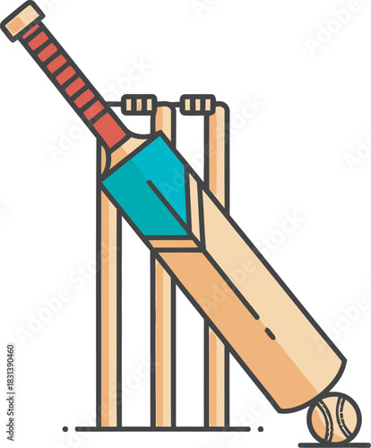 Simplified line art vector of cricket gear: bat, ball, and wickets. Flat, colorful illustration ideal for sports clubs, league logos, game apps, or educational materials about the sport.