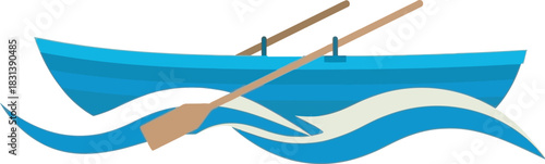 Flat vector illustration of a blue rowboat with oars resting on stylized waves. Simple nautical graphic for maritime clubs, watersport logos, travel themes, or recreation and adventure branding.