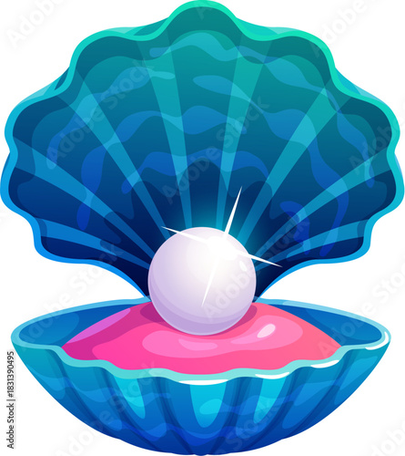 Cartoon ocean blue pearl shell or mollusk scallop. Sea bottom valuable isolated vector seashell, ocean nature rare pearl shell. Underwater life jewelry scallop mollusk or marine precious oyster clam