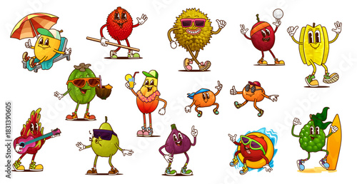 Cartoon groovy tropical fruits characters on summer vacation. Sweet berry food vector personages of retro hippie groovy feijoa, carambola, papaya and lychee fruits on beach with sunglasses, cocktails