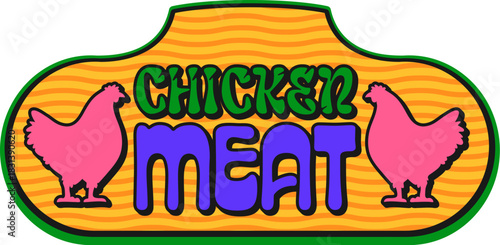 Chicken meat barbeque steak, butchery store retro Y2K sticker or symbol. Steak BBQ vintage Y2K vector label, butchery meat tag. Meat grill patch with hen poultry, chicken silhouette and typography