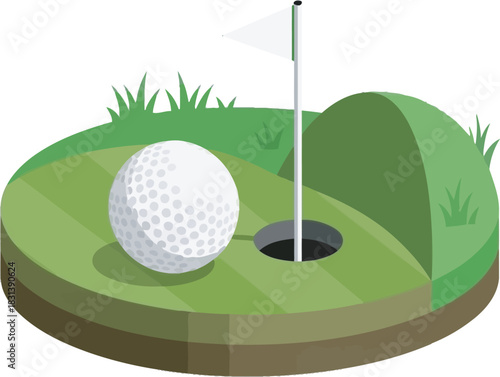 Close-up isometric vector of a golf ball on a green, next to the hole and flag. Detailed dimple texture graphic for apps, course mapping, club websites, and promotional sports materials.