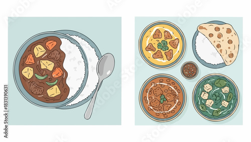 Delicious Indian Cuisine Assortment with Curry Rice and Various Dishes.