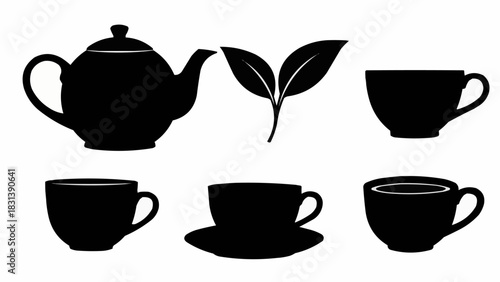 Tea Time - Teapot, Tea Leaves, and Cups Silhouette Collection.