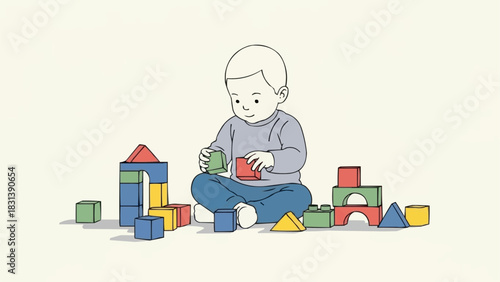 Young child building with colorful blocks, focused and engaged in play.