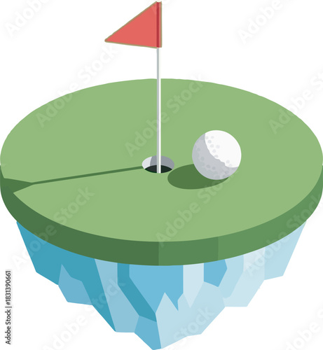 Unique 3D isometric vector of a golf ball, hole, and red flag on a floating icy green island. Perfect for golf course design, abstract sports concepts, mini-golf, and game metaphors.