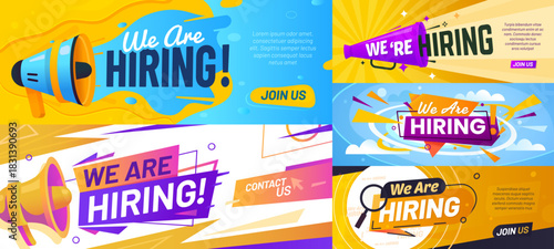 We are hiring, hire offer join to our team banners. We are hiring, job vacancy announcement social media post vector templates set of retro loudspeakers and megaphones with speech bubbles, HR themes