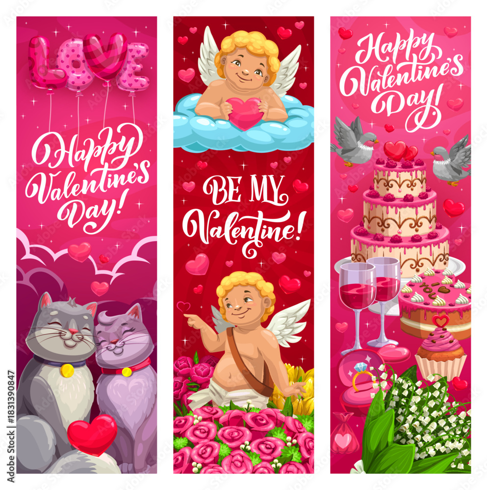 Fototapeta premium Happy valentines day holiday banners. Cartoon vector love and romantic vertical greeting cards featuring cute cupids, cats, hearts, flowers, wedding cake, wine glasses and and festive decorations