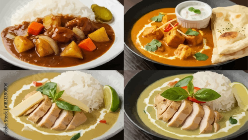 Delicious assortment of curry dishes with rice and various ingredients.