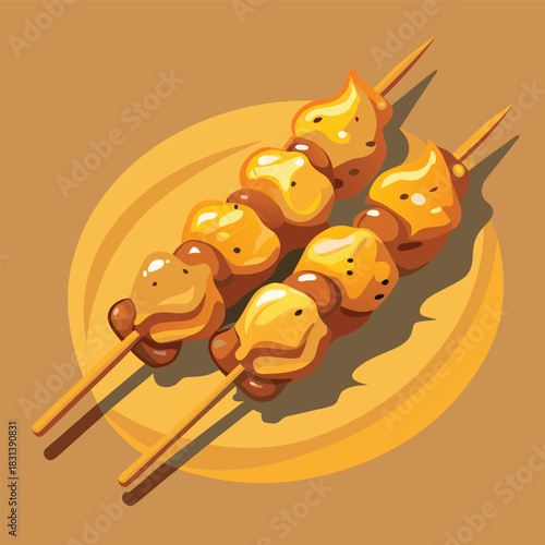 A flavorful skewer of seasoned grilled chicken satay presented on a warm-toned background with rich highlights