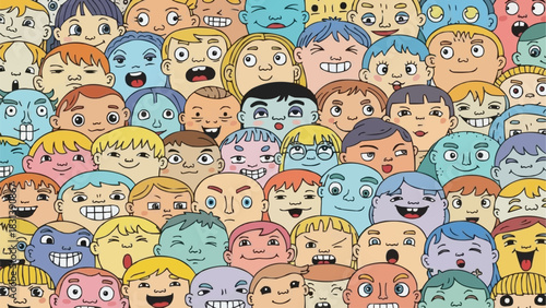 A vibrant and dense crowd of unique cartoon character faces.