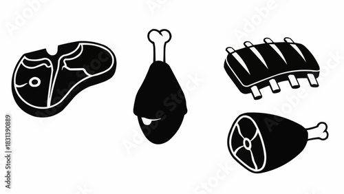 Black and white illustration of various cuts of meat for cooking.
