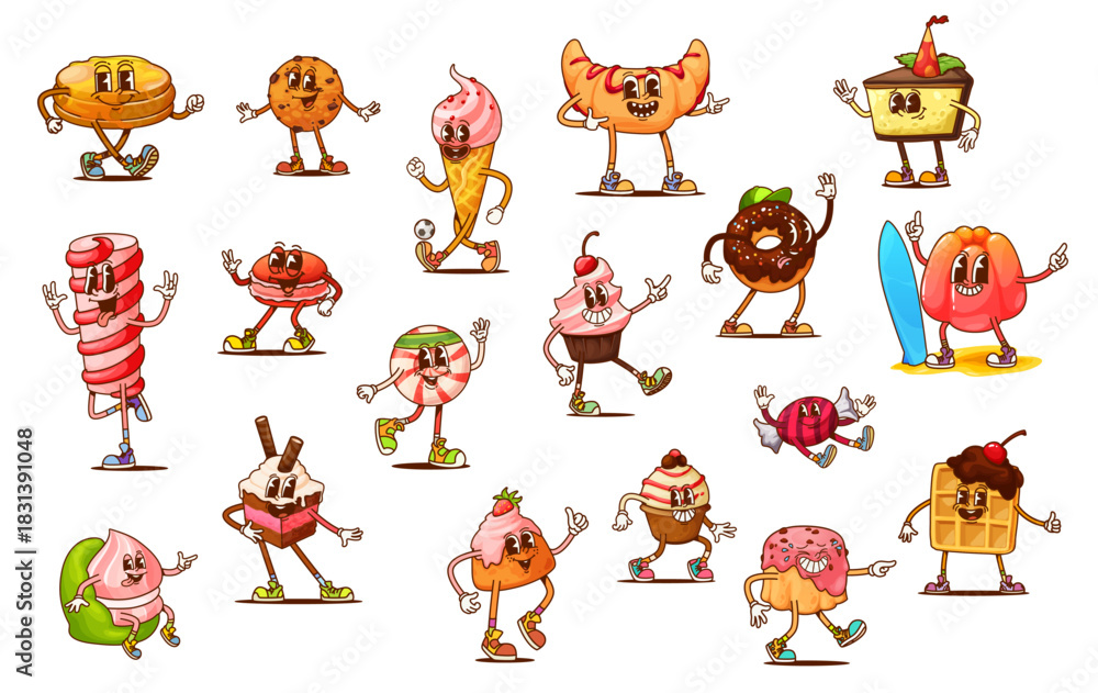 Fototapeta premium Cartoon groovy sweet and candy characters, vector retro dessert food personages with happy faces. Cute chocolate cake, ice cream, croissant and cupcake, funny groovy cookie, donut and waffle sweets