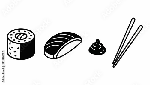 Sushi Set - Maki, Nigiri, Wasabi, and Chopsticks Illustration.