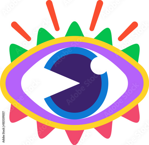 Vintage Y2K groovy human eye sticker or funky patch. Retro 2000s vector patch, Y2K cool sticker. Funky nostalgic tag or vintage 90s label with colorful funky human eyeball and eyelashes