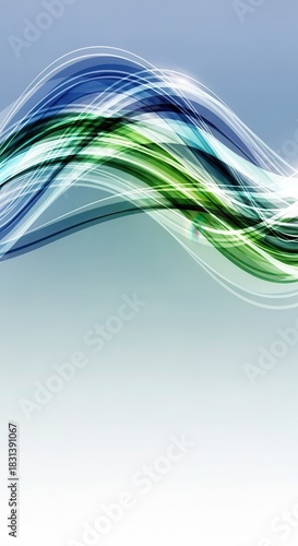 Abstract flowing blue and green wave design element spans the upper portion of the frame