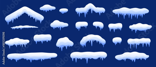 Cartoon winter snow ice caps and snowdrifts with frozen icicles. Vector Christmas winter holidays window frame and roof snow caps, ice piles and frost. Rooftop and edge snowdrifts with hanging icicles