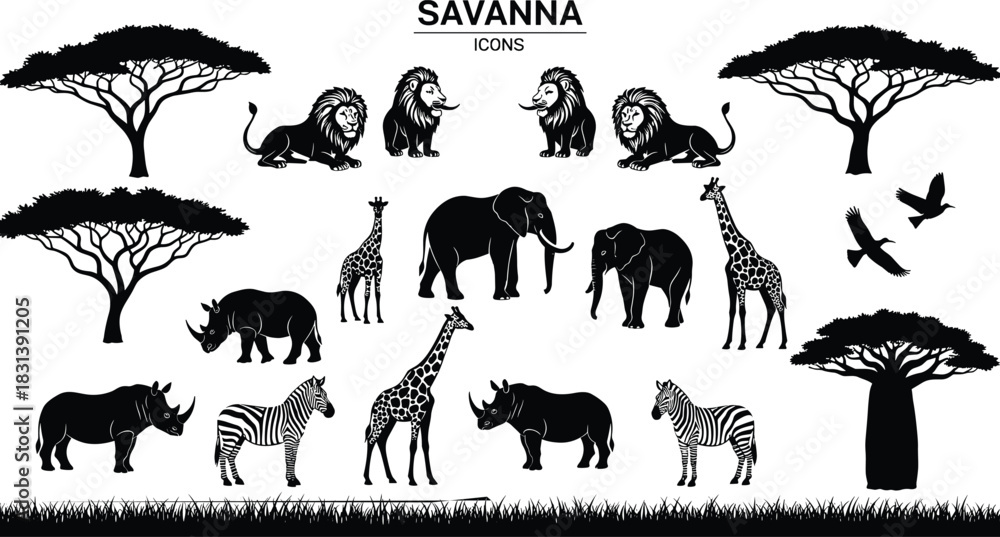 Fototapeta premium Black Vector Silhouettes of African Savanna Animals and Trees, Wildlife Lion, Elephant, Giraffe, Rhino, and Baobab Icons, Safari Graphic Design Collection, Isolated on White Background.