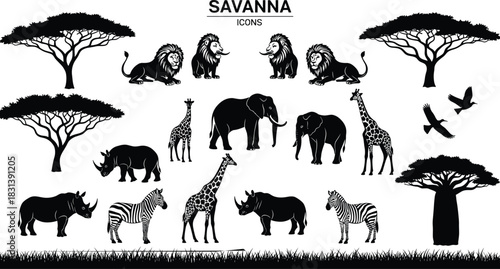 Black Vector Silhouettes of African Savanna Animals and Trees, Wildlife Lion, Elephant, Giraffe, Rhino, and Baobab Icons, Safari Graphic Design Collection, Isolated on White Background.