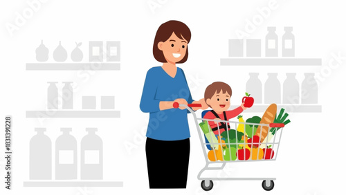 Mother and child shopping for groceries in a supermarket cart.