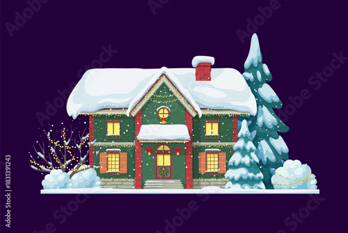 Christmas house in winter snow with snowy roof and lights in windows, cartoon vector. Town house at night decorated with Christmas lights garland, Xmas ribbon decorations on door and fir tree in snow