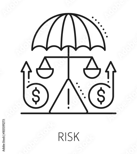 Investment risk, finance line icon or pictogram. Business investment fund vector symbol, trade risk line sign. Finance investor company icon or capital startup pictogram with scales and umbrella