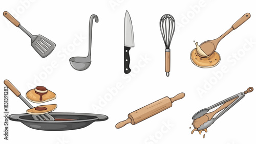 Collection of various kitchen utensils and cooking tools for culinary tasks.