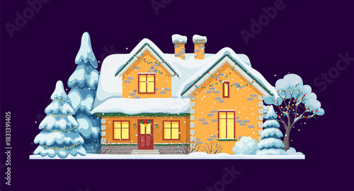 Winter Christmas snowy house, yellow snowy cottage building. Vector village cabin with glowing windows, snow covered roof, colorful garlands and spruce trees around. Cozy traditional holiday night