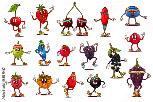 Cartoon groovy berry characters doing sport activities. Retro hippie farm fruit vector personages running and jumping. Psychedelic strawberry, cherry and grape berries, groovy raspberry and cranberry
