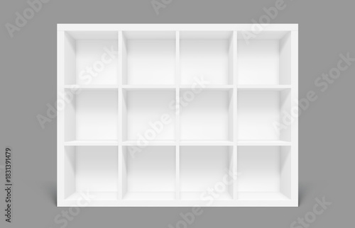White empty bookshelf with a grid of twelve compartments. Realistic 3d vector mockup of minimalist and modern cabinet furniture for organization, storage or showcasing books and decorative items
