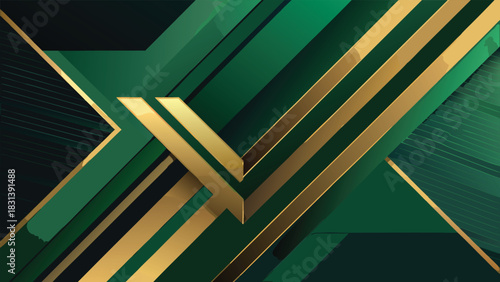 A sleek and modern deep-green abstract composition featuring structured golden diagonal lines creating depth and dynamic contrast
