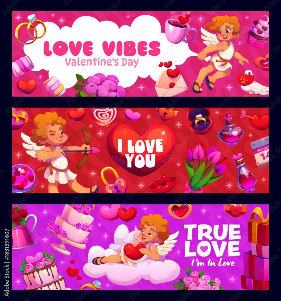 Naklejka premium Valentine day banners with cupids and hearts for love holiday, vector greeting quotes. Valentine day Love Vibes and I Love You phrases on banners with funny cherub angels, wedding cake and sweet candy